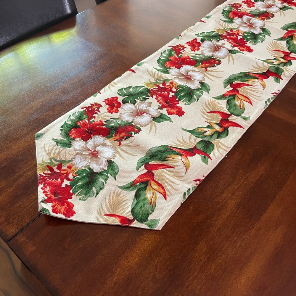 Reversible Hawaiian Tropical Table Runner Size 61x12 Tan Hibiscus Palm Trees